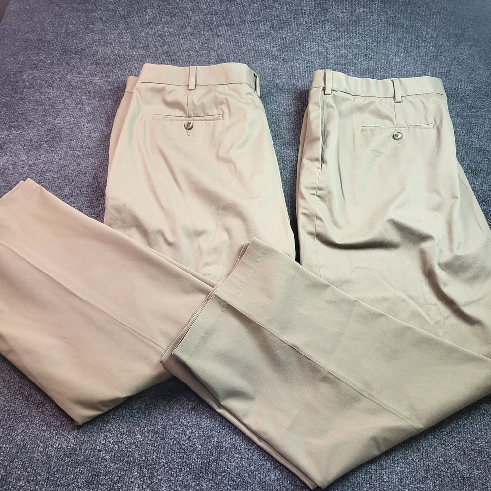2 PCS Perry Ellis Portfolio Mens Khaki Dress Pants 42x30 Flat Front Stretch